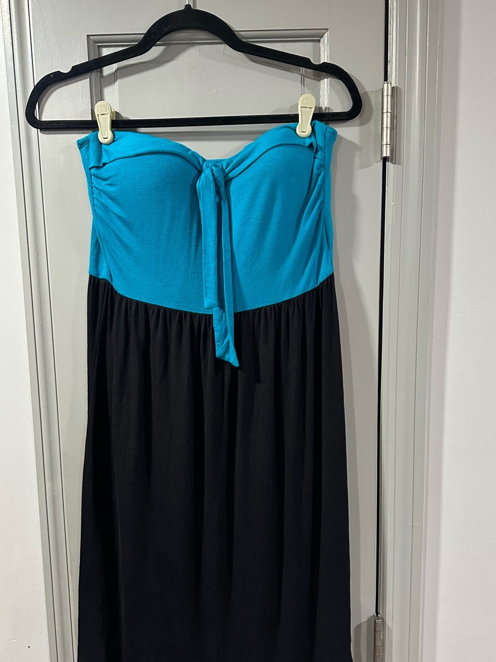 Strapless Turquoise and Black Midi Dress